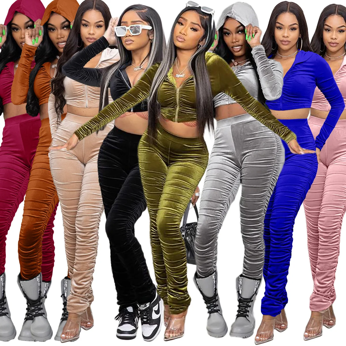 

2022 Spring Woman Clothing Velvet Sweatsuit Women Vintage Two Piece Set Stacked Pants Velour Tracksuits Women Hood Sweatsuit Set