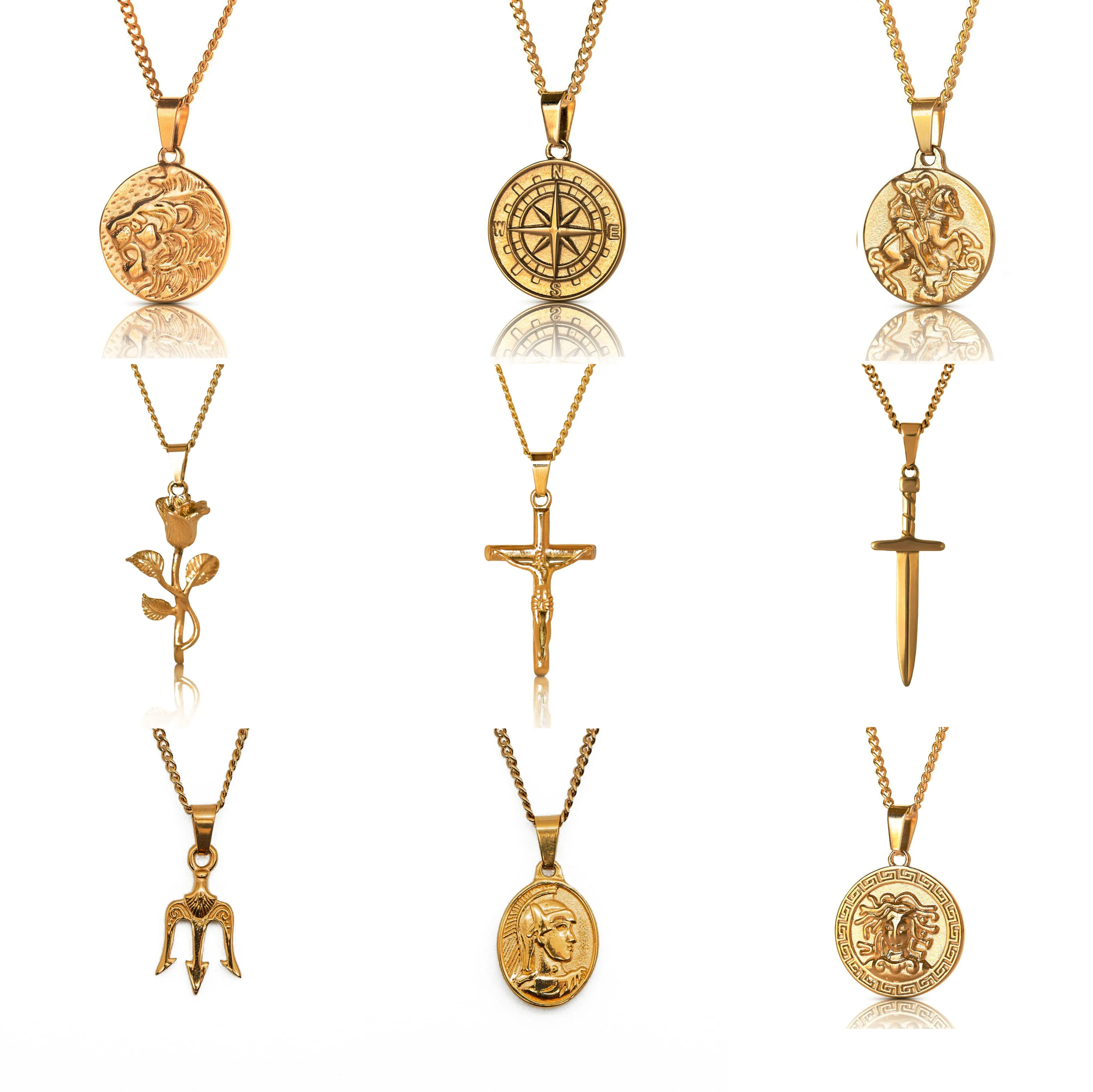 

18k Gold Plated Greek Mythology Medusa Jewelry Mens Lion Skull North Star Compass Pendant Stainless Steel Saint George Necklace