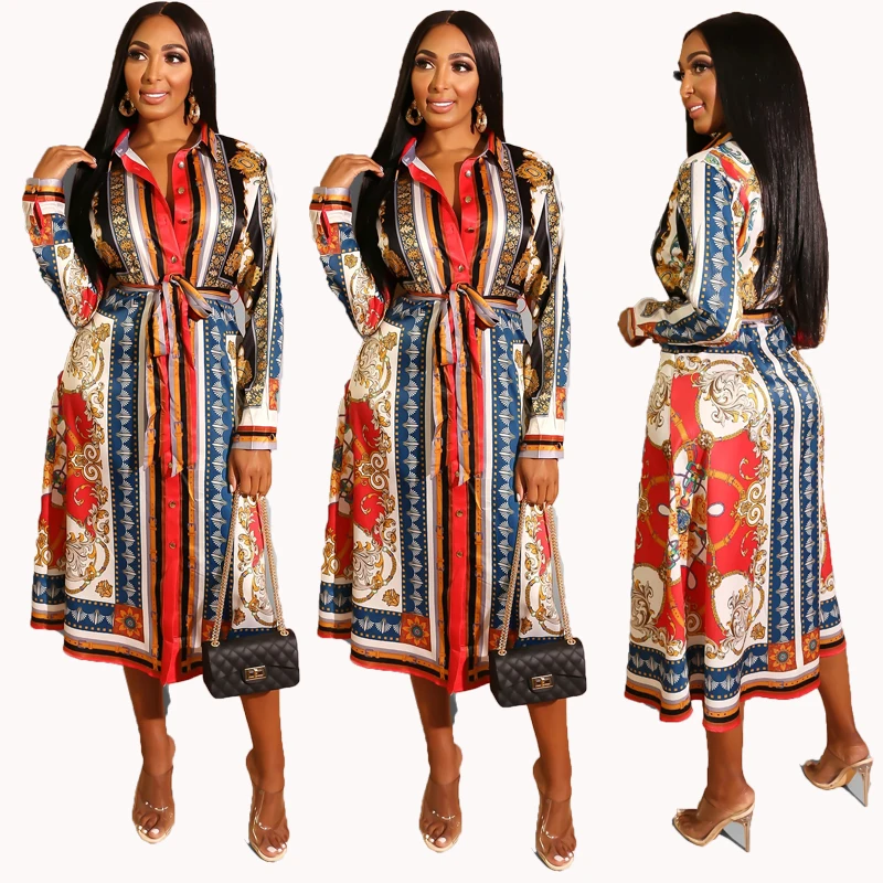 

YS887 Ethnic Style Floral Print Maxi Elegant Women African Dress Long Sleeve Turn-down Collar Shirt Skirt Elegant Casual Dresses