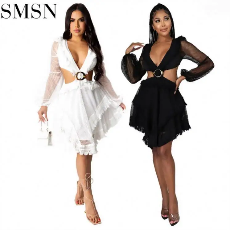 

New Trendy Pure Color Sexy Tulle Long Sleeves Backless Bandage Dress 2021 V Neck Midi Dress