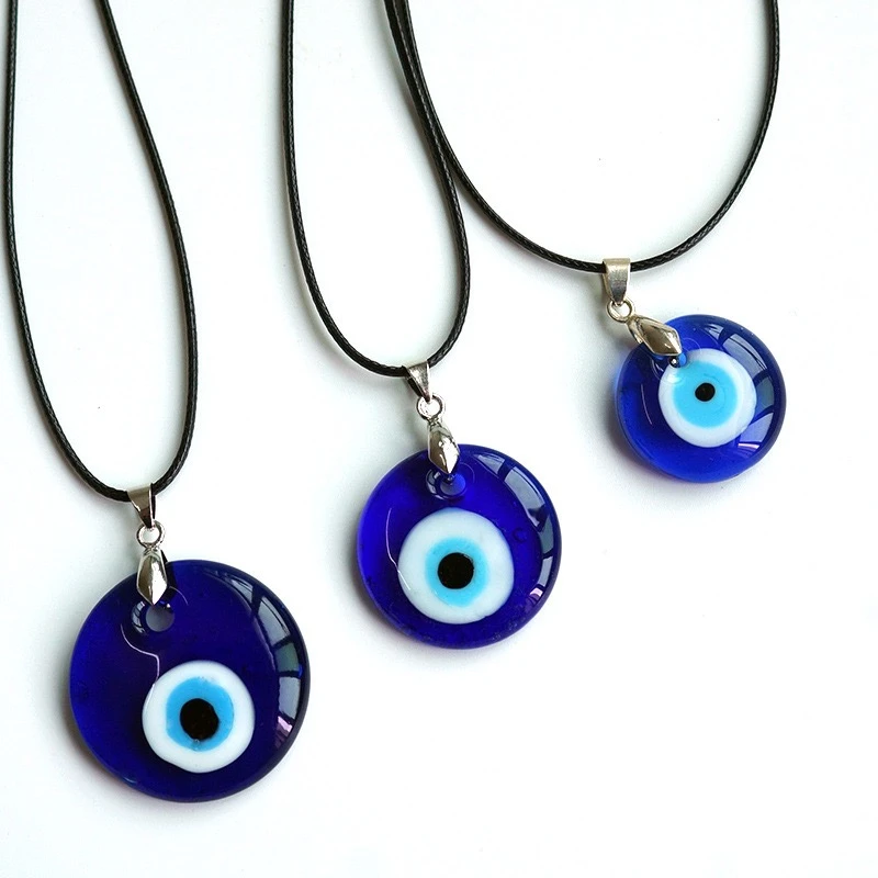 

Wax Rope Glass Round Necklace Turkish Blue Round Evil Eyes Pendant Necklace For Women Men