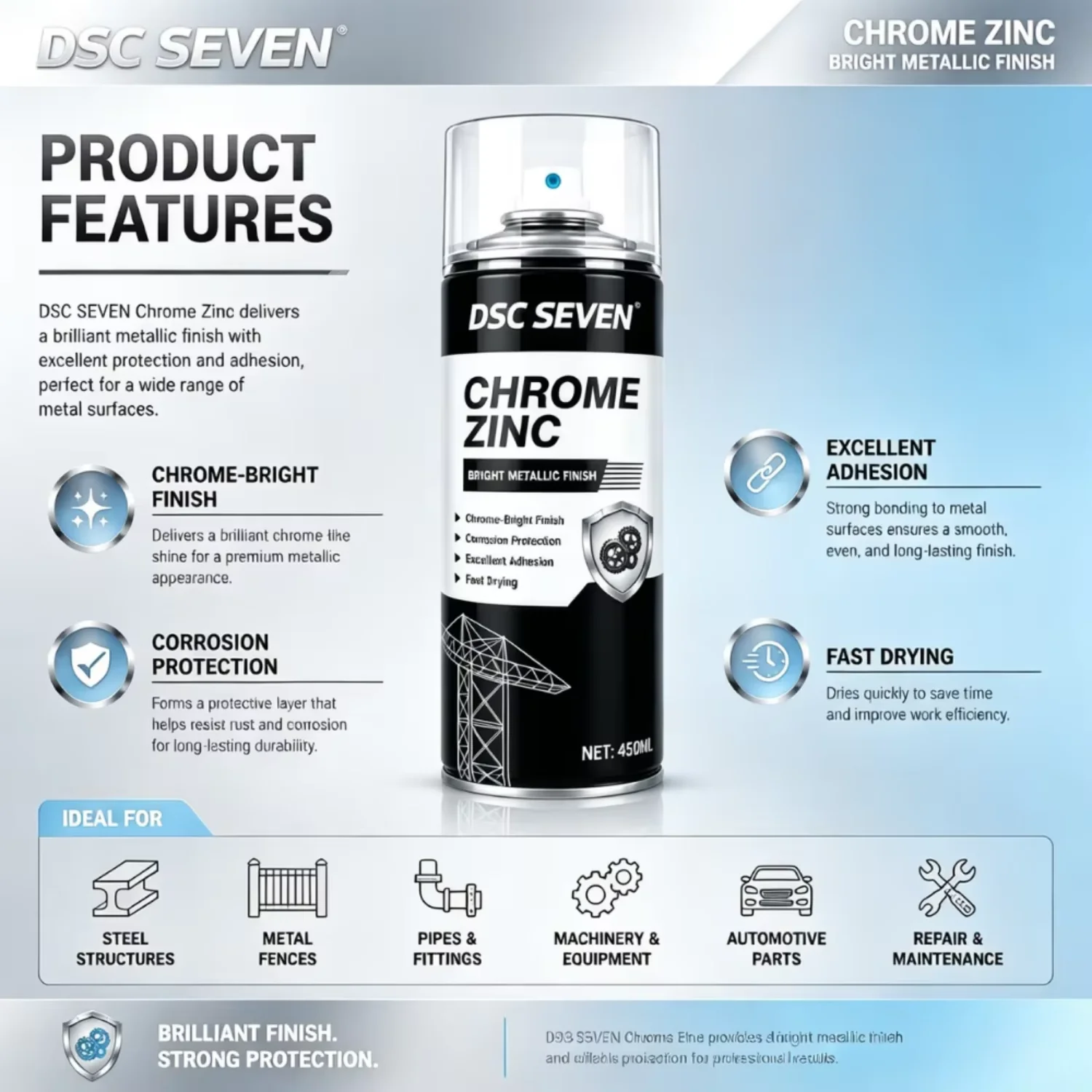 Professional Grade Acrylic Chrome Zinc Coating 400ml Aerosol Spray Paint Industrial Strength Rust Prevention Excellent Adhesion
