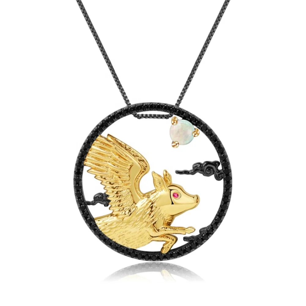 

Abiding Jewellery 925 Sterling Silver Natural Opal Stone Pig Animal Zodiac Pendant Jewelry Necklaces For Women