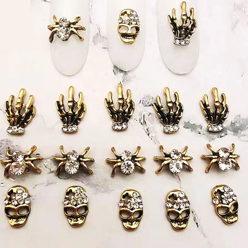 

Paso Sico Popular Halloween Manicure Accessories Vintage Gold Silver Skeleton Hand Nail Charms for DIY Nails Decoration