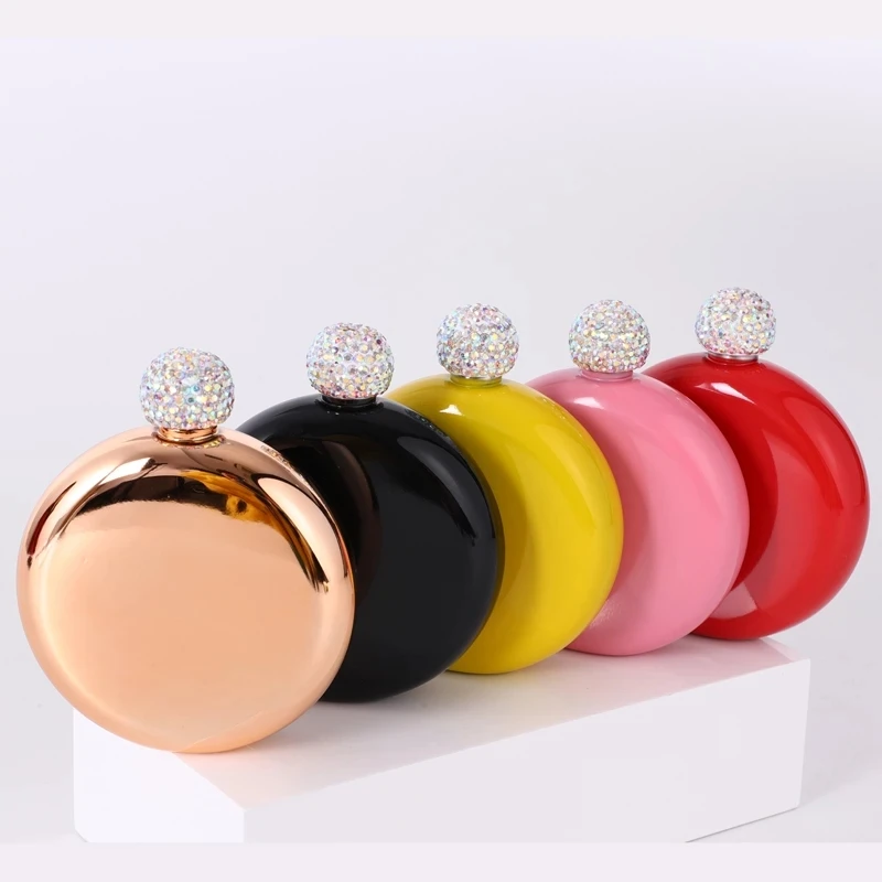 

CL1 Portable 5oz Alcohol Bottle Round Flask With Rhinestone Cap Party Gifts Pocket Flagon Mini Women Stainless Steel Hip Flask, 7 colors