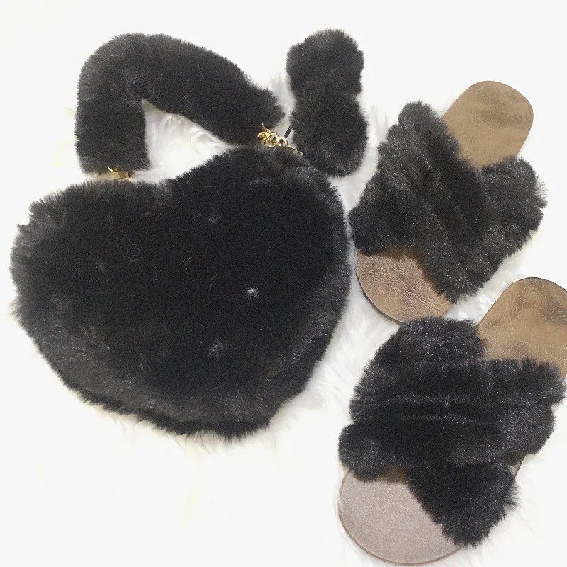 

Luxury Female Handbags Shoes Purses and flat Women Shoes Matching Handbags Set PVC Colorful Handbags With Fur plush Shoes, Black,beige,white,khaki