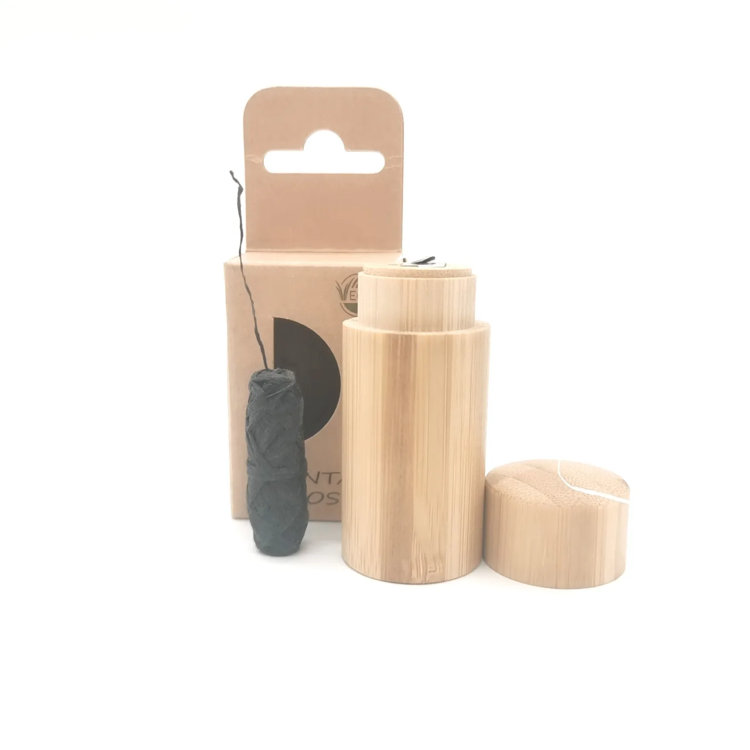 

OEM Round shape VEGAN Charcoal bamboo dental floss glass bottle bamboo container waxed dental floss pick