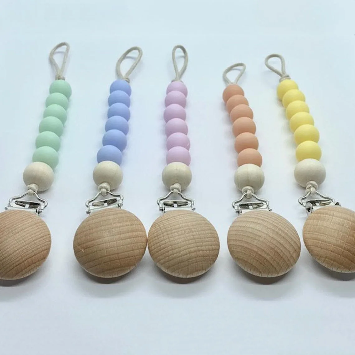 

Food Grade Silicone Beads Baby Teether Wooden Pacifier Chain Clip