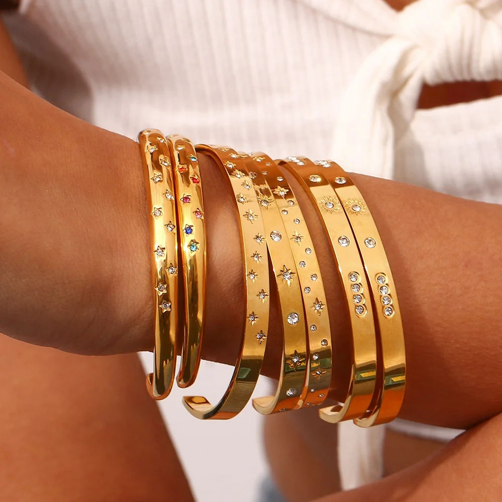 Trending Open Cz Cuff Bangle Stainless Steel Bangles Jewelry Women Gold Plated Bangles Set Women