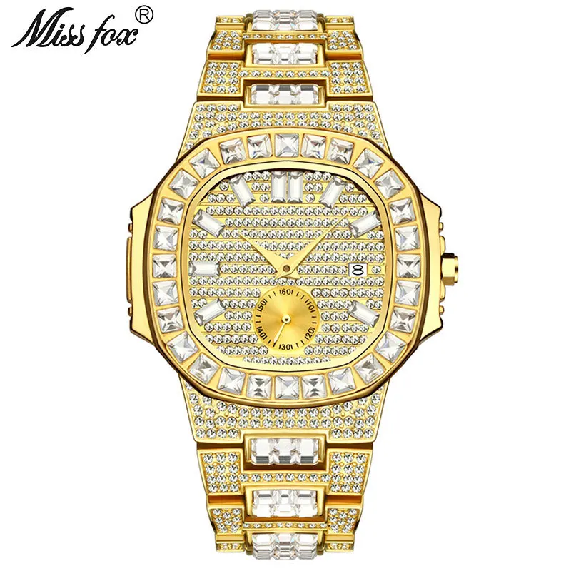 

MISSFOX Luxury Men Watch Gold Nautilus Model Fully Paved Baguette Diamond Mens Watches Waterproof Calendar Male Clock Hours