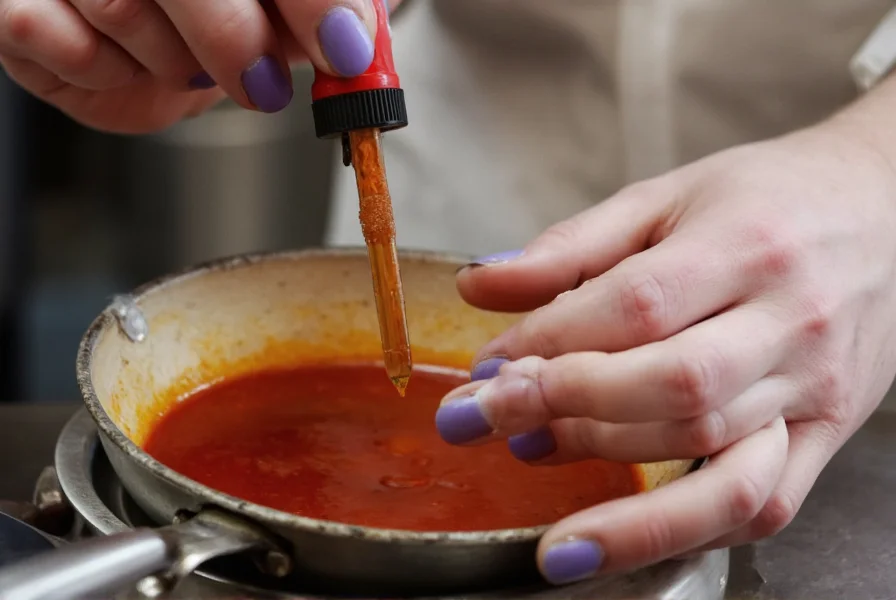 Professional chef using dropper to add minute amount of Pepper X extract to hot sauce mixture with safety equipment