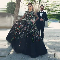 

Latest Long Sleeve Black Evening Dresses 2018 With Colorful Lace Appliques Tulle Party Dress Long Prom Gown