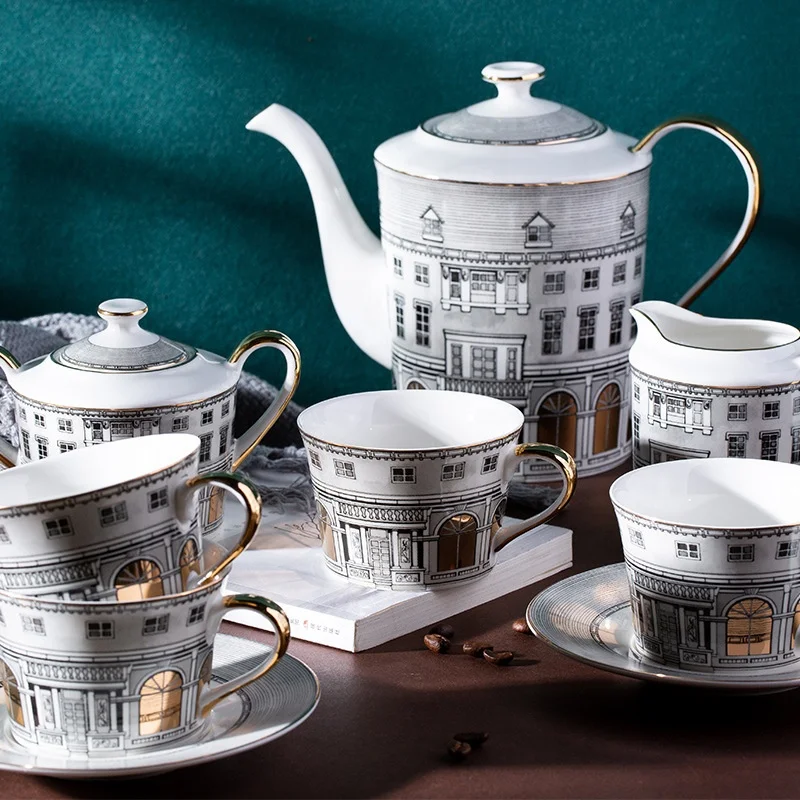 

European-style castle home 11pieces porcelain coffee set swan castle teapot coffee cup saucer sugar cup set, Black,white,green