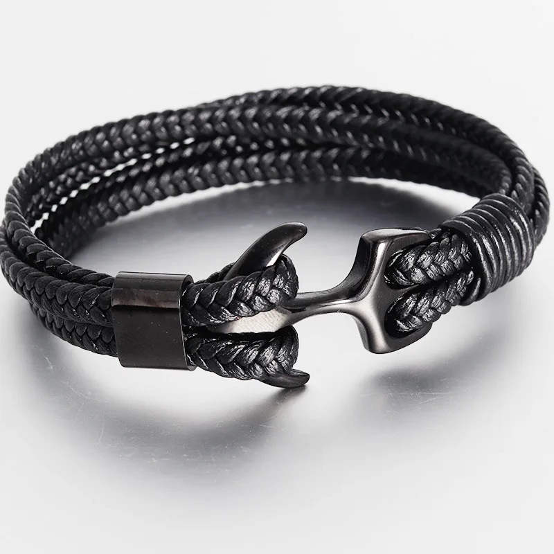 

High Quality Men's Titanium Steel Black Personality Woven Anchor Leather Rope Bracelet For Men Gift
