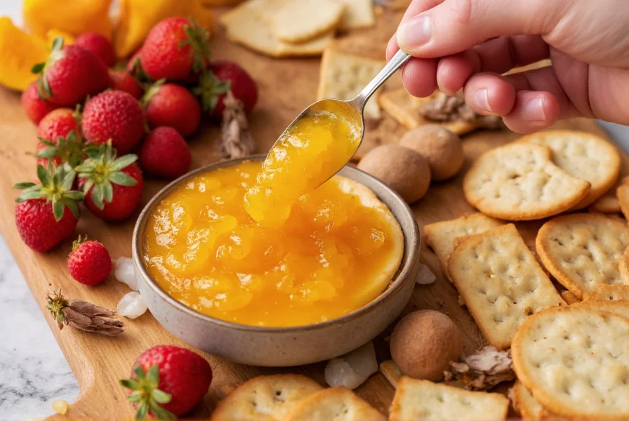 Close-up of peach pepper jelly being spread on a cheese board with assorted crackers and fresh fruit