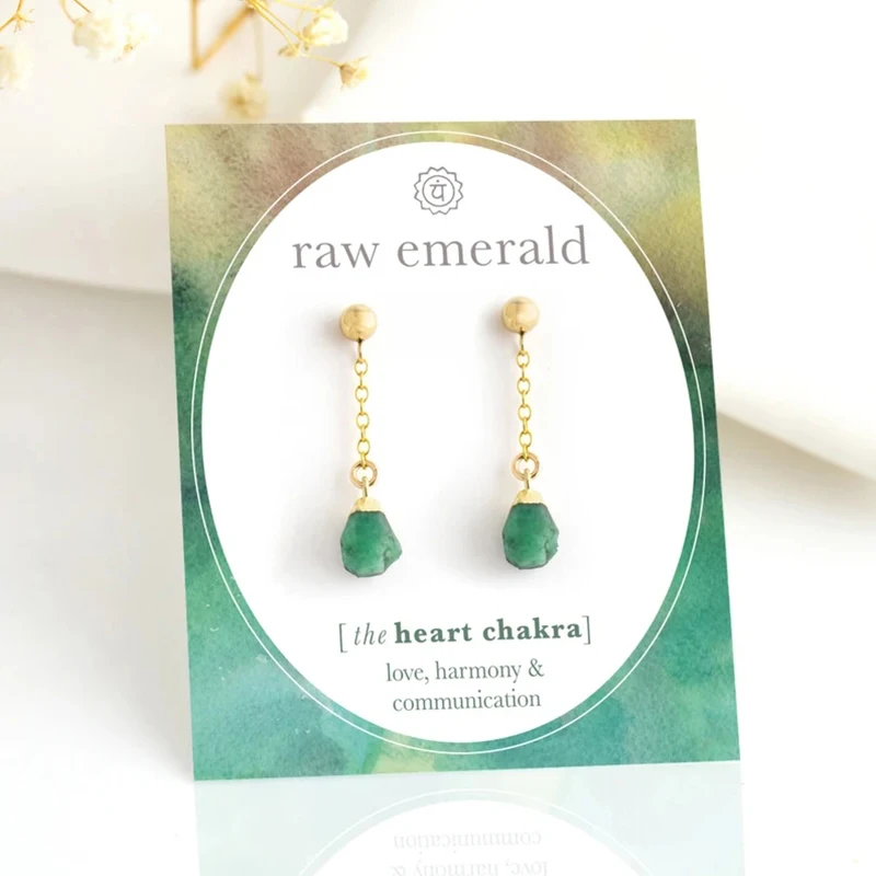 

Raw Emerald Gemstone Post Dangle Earrings Gold Crystal Drop Stud Earrings Birthstone Everyday Jewelry Gift