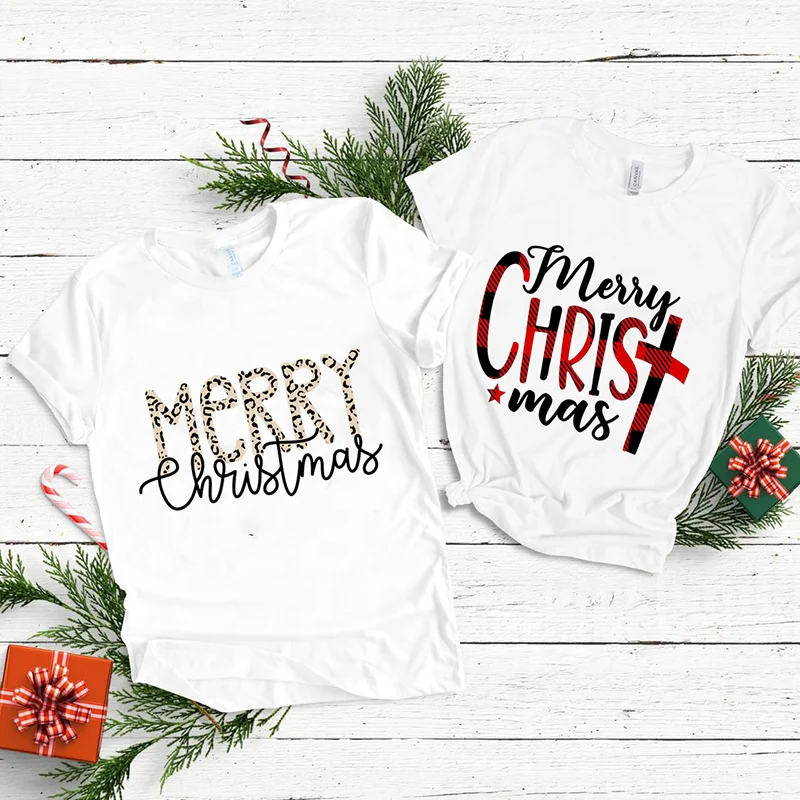 

100% Cotton Merry Christmas Clothes Family Custom Digital Printed Tshirt Graphic Unisex Tees Plain T-shirts for Women, Picture showed