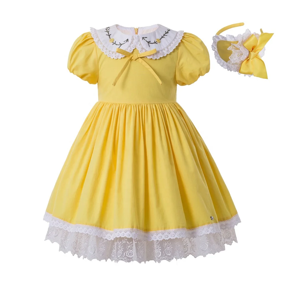 

OEM Pettigirl Yellow Dress Summer Design Baby Frock Short Sleeve 2021 Baby Girl Clothes with Head Wear