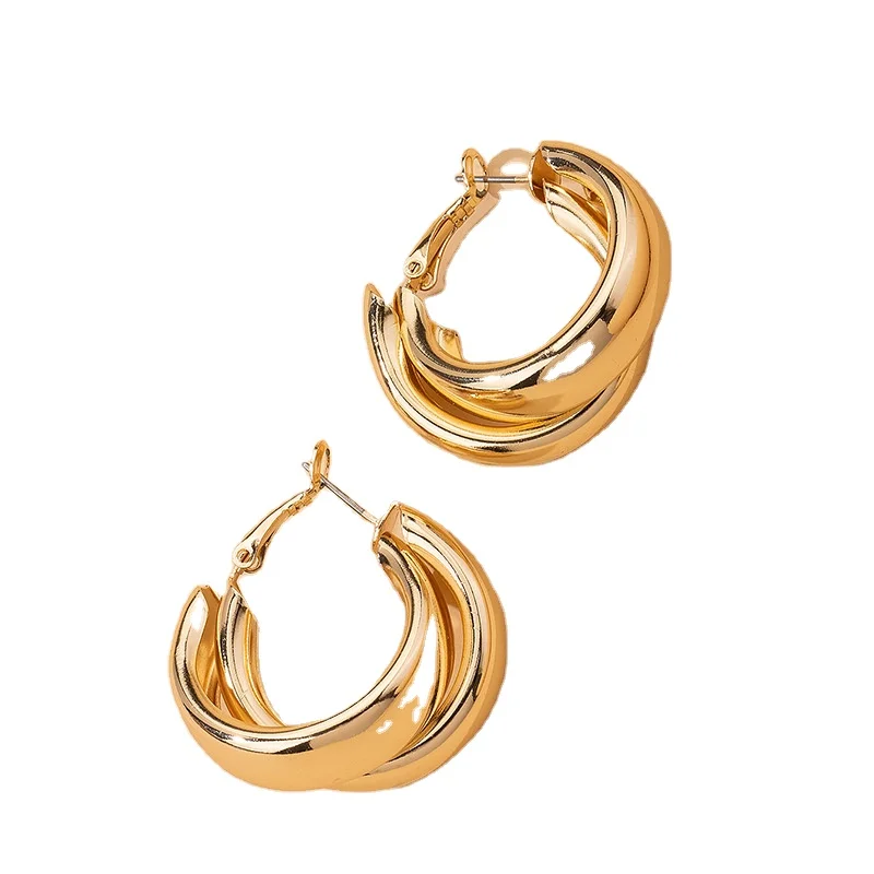 

European Fashion Minimalist 18K Gold Plated C Shape Double Layer Drop Earrings Crossover Circle Chunky Hoop Earrings