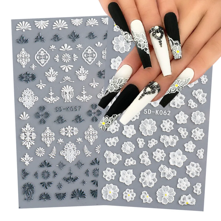 

5D Acrylic Engraved Nail Sticker White Embossed Flower Sliders Nail Art Decorations Lace Wedding Design All For Manicure Wraps