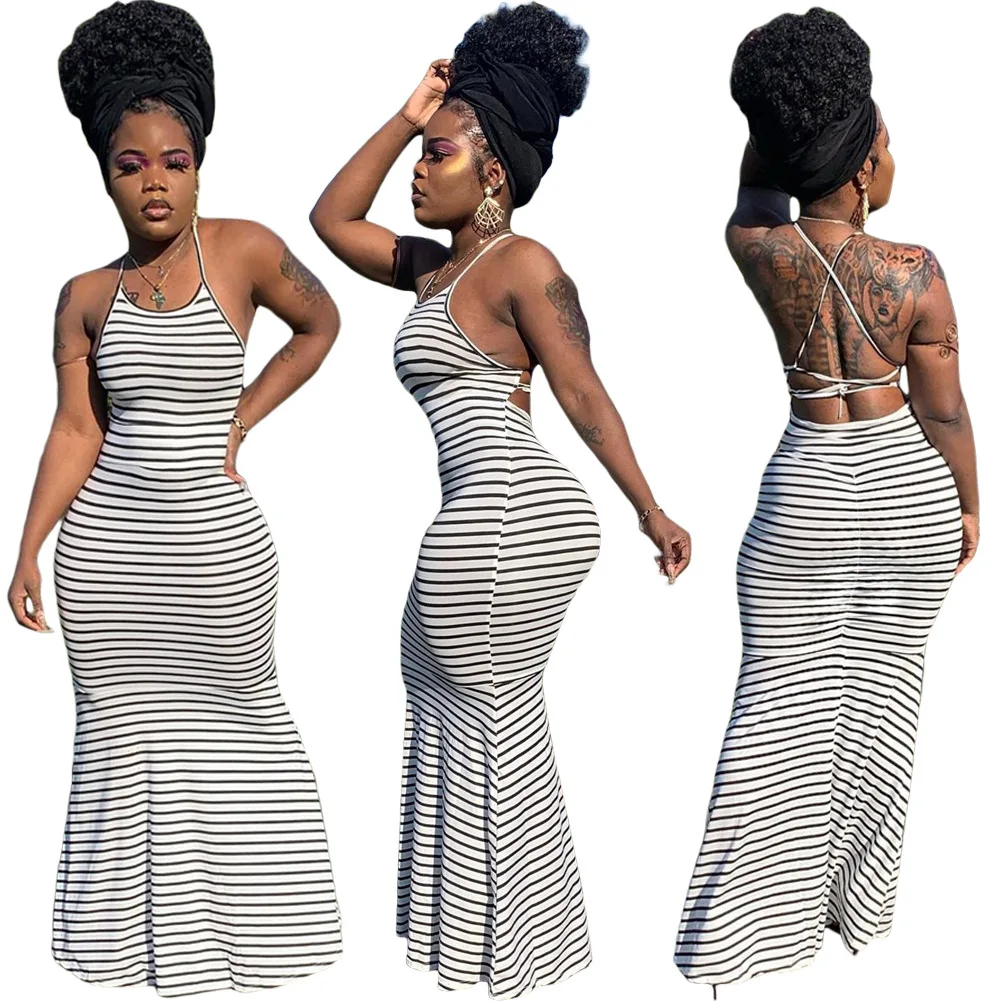 

X9243 Best selling striped backless summer dress women's halter lace up plus size casual dresses sleeveless long fashion dresses