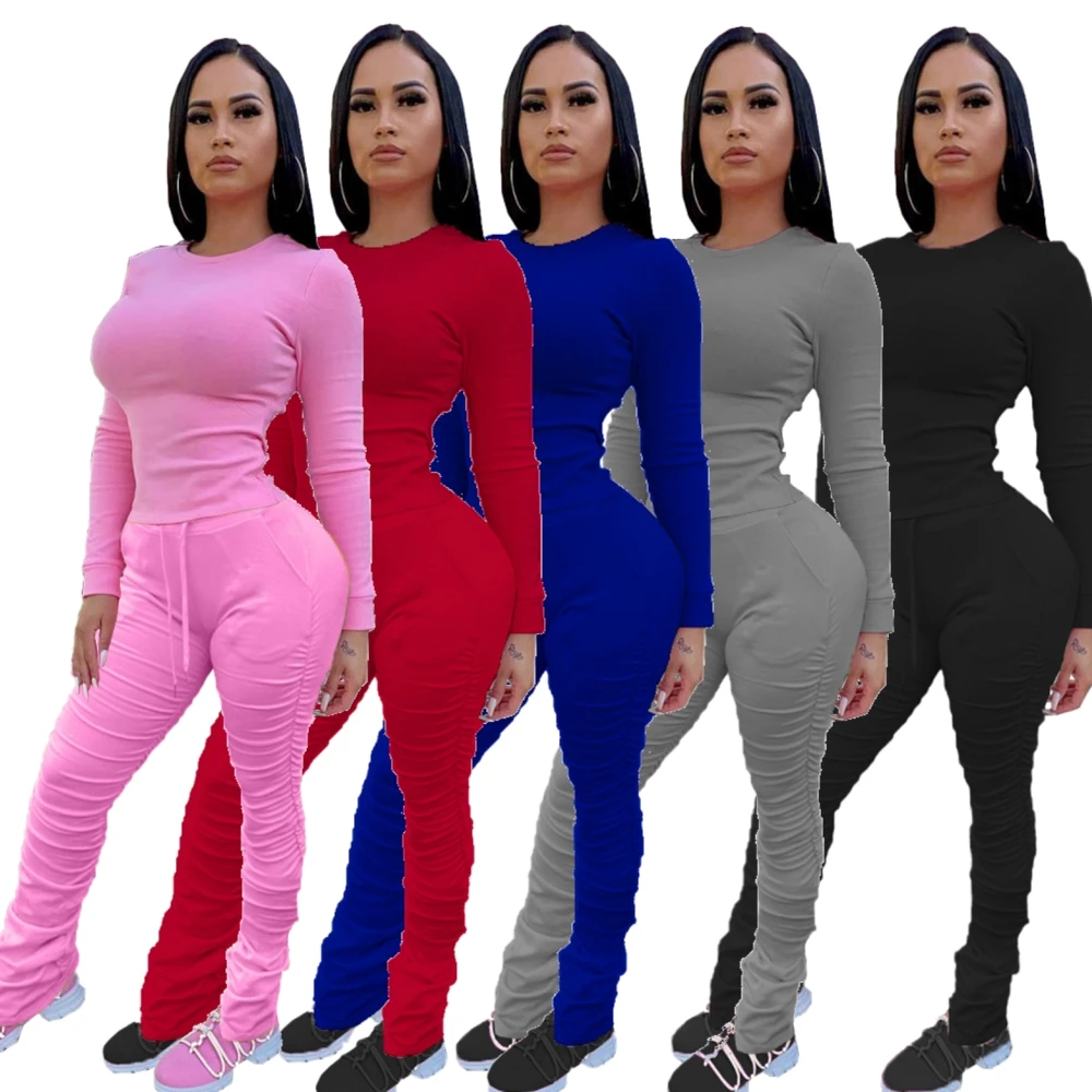 

M3236 Best sale outfits long sleeve stacked leggings sweatsuit joggers stack pants 2 piece set women clothing