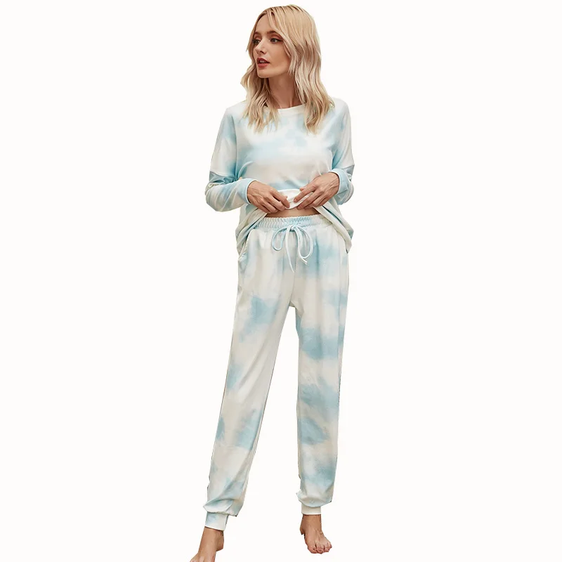 

High Quality 2021 Long Sleeve Loose Tie Dye Sleepwear Women Kint Sexy Two Piece Pajamas, Picture show and custom