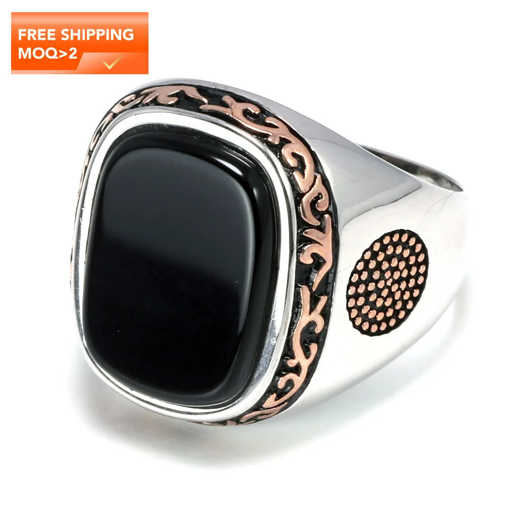 

Real Pure 925 Sterling Silver Jewelry Mens Retro Vintage Turkey Ring For Men With Natural Black Agate Stones