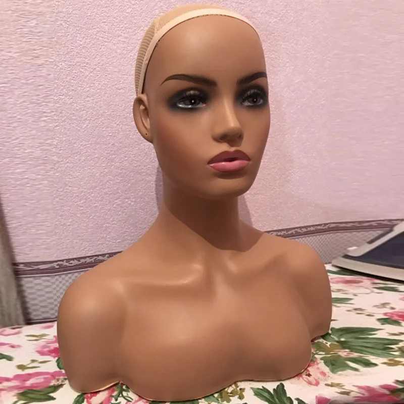 Realistic Female Mannequin Head With Shoulders African American Makeup Lash Mannequin Head Pvc