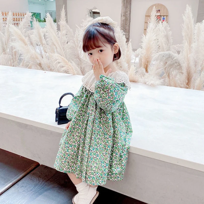 

Economical Custom Design 2021 Spring Summer Lace Collar Long Sleeve Floral Princess Dress For Girls, Green