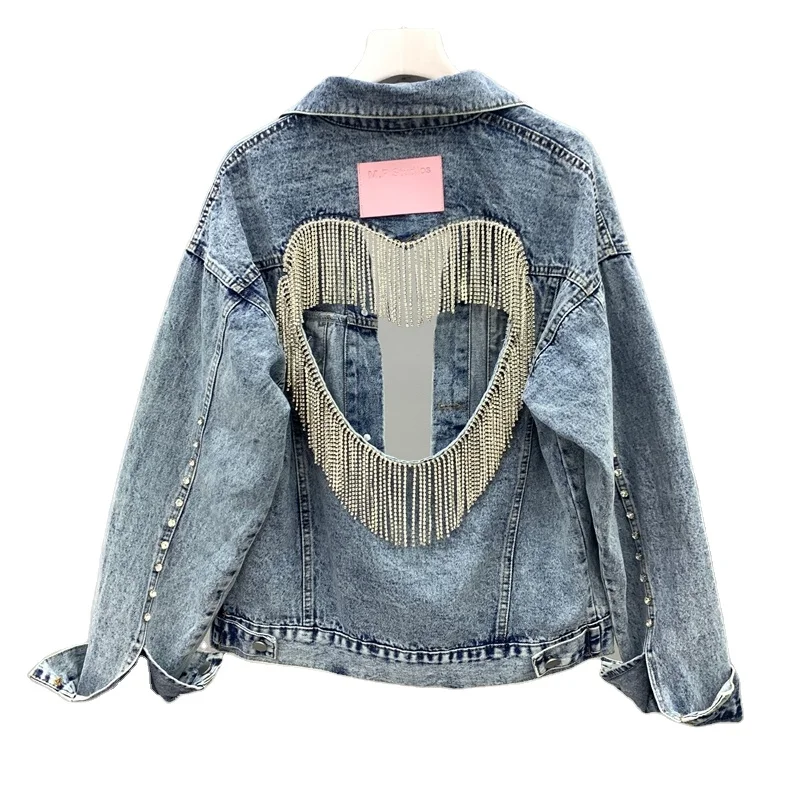 

Streetwear Women Denim Jacket Personality Back Heart Shape Hollow Out Rhinestone Tassel Short Denim Jacket Ladies Jeans Coat