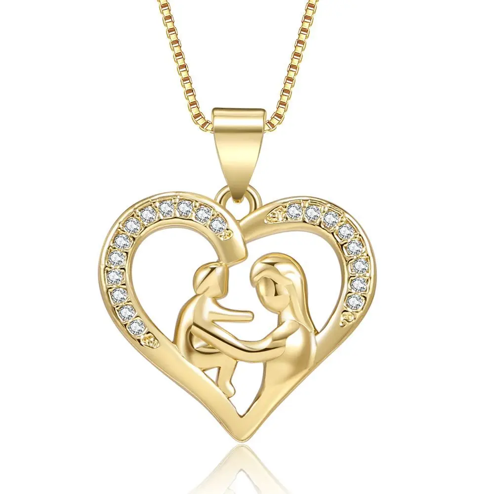 

Mother Day Gift Real 18k Gold Plated Box Chain Heart Shape Mother and Son Necklace Zircon Heart Mom Necklace Jewelry, As pictures