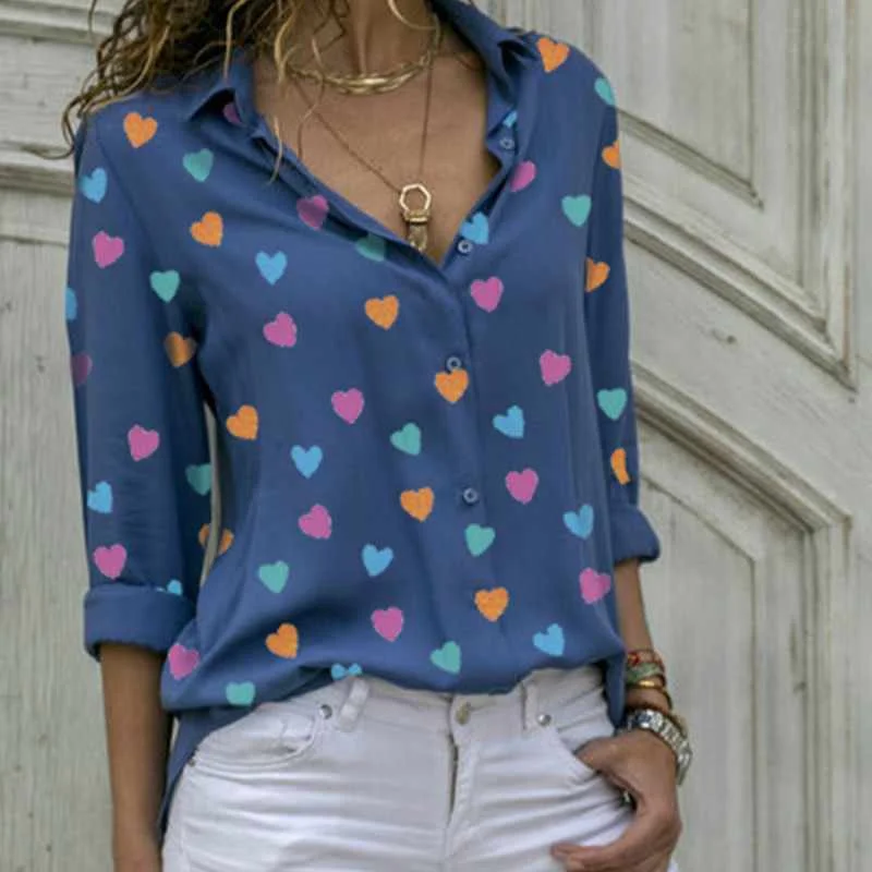 

Spring Summer Bottom Blouse Plus Size 3XL White Blue Women Blouses Womens Tops Blusa New Heart Printed V Neck Ladys Shirts, Picture color