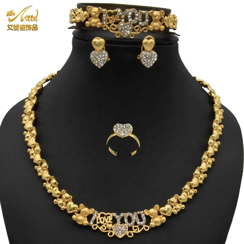 

Cute bear stainless steel simple indian wedding gold set jewelries women 18k gold plated dubai bridal I love you jewelry sets