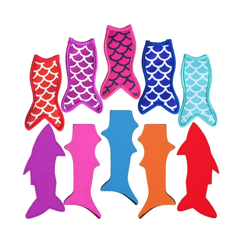 

RTS Wholesale Solid Color Shark Tail Neoprene Ice lolly Sleeve Mermaid Tail Ice Pole Holder, Customized color acceptable