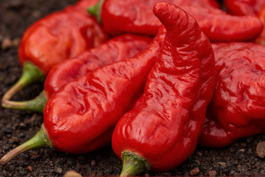 Close-up photograph of Naga Viper peppers showing their distinctive wrinkled texture and vibrant red color against dark soil
