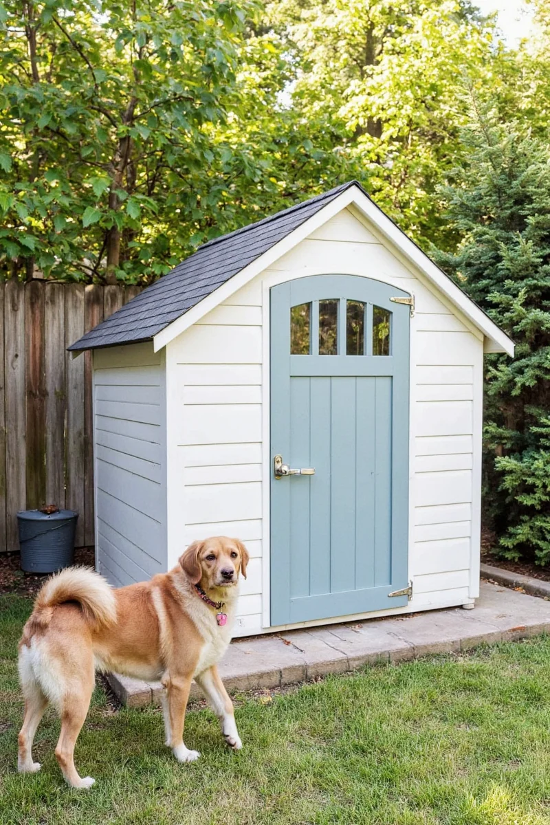 Final view of a finished pet shed with climbing vines, hanging basket, and two cats lounging nearby