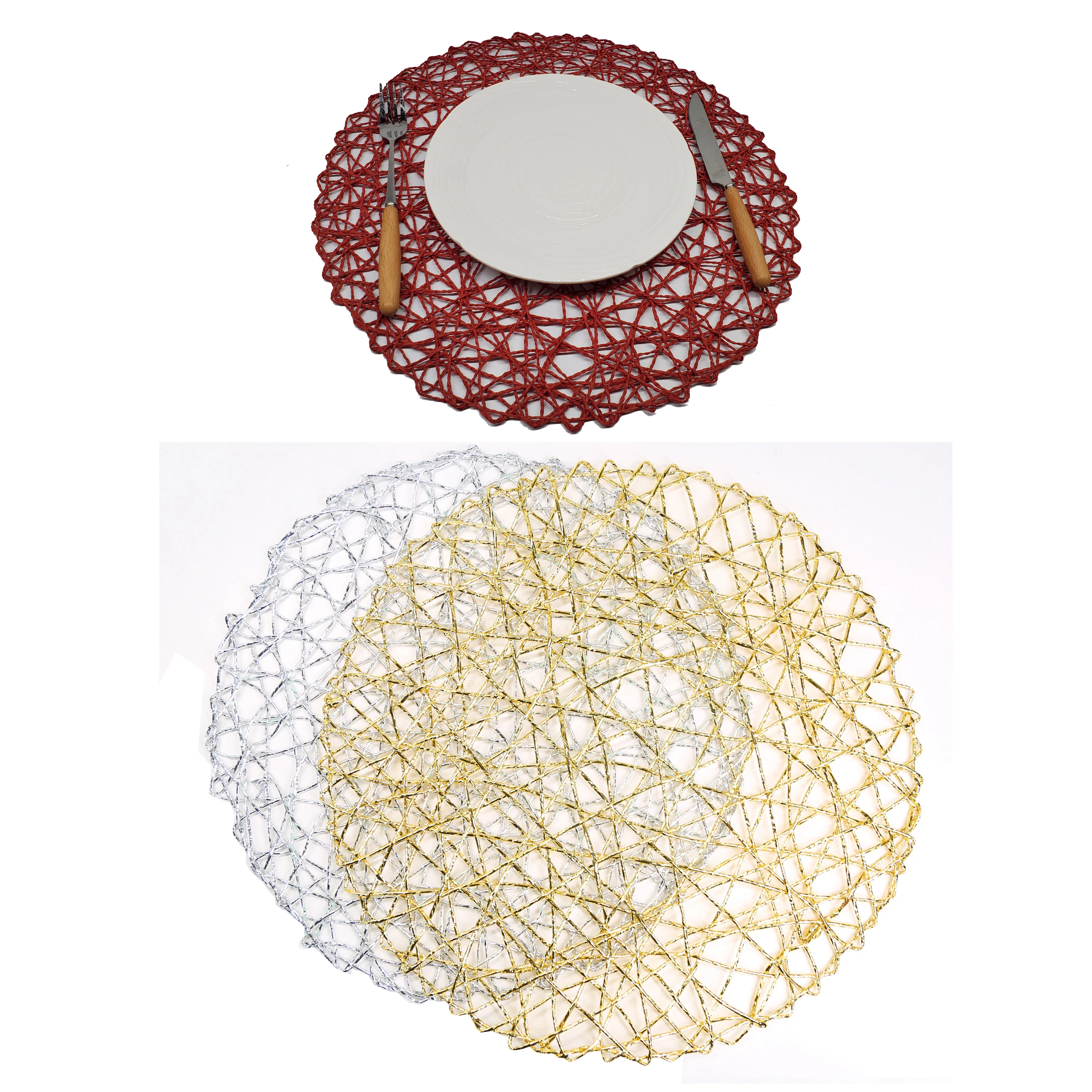 

Tabletex 2022 new Christmas hollow paper mat woven round glitter placemat