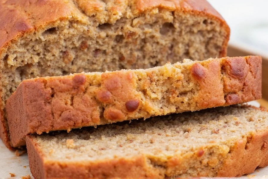 Finished cinnamon apple bread loaf with golden crust and visible apple pieces, sliced to show moist interior