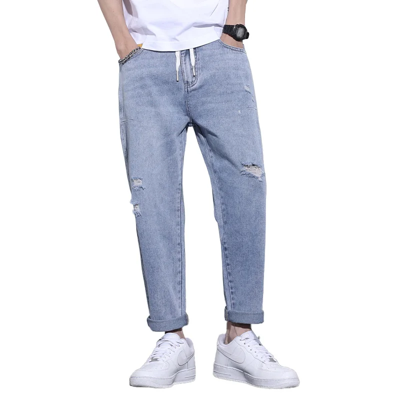 

2021 Manufacturer Custom Logo High Quality Mens Slim Fit Jeans Trousers Lightweight Stretch Perforated Jeans Pants For Man, Denim blue