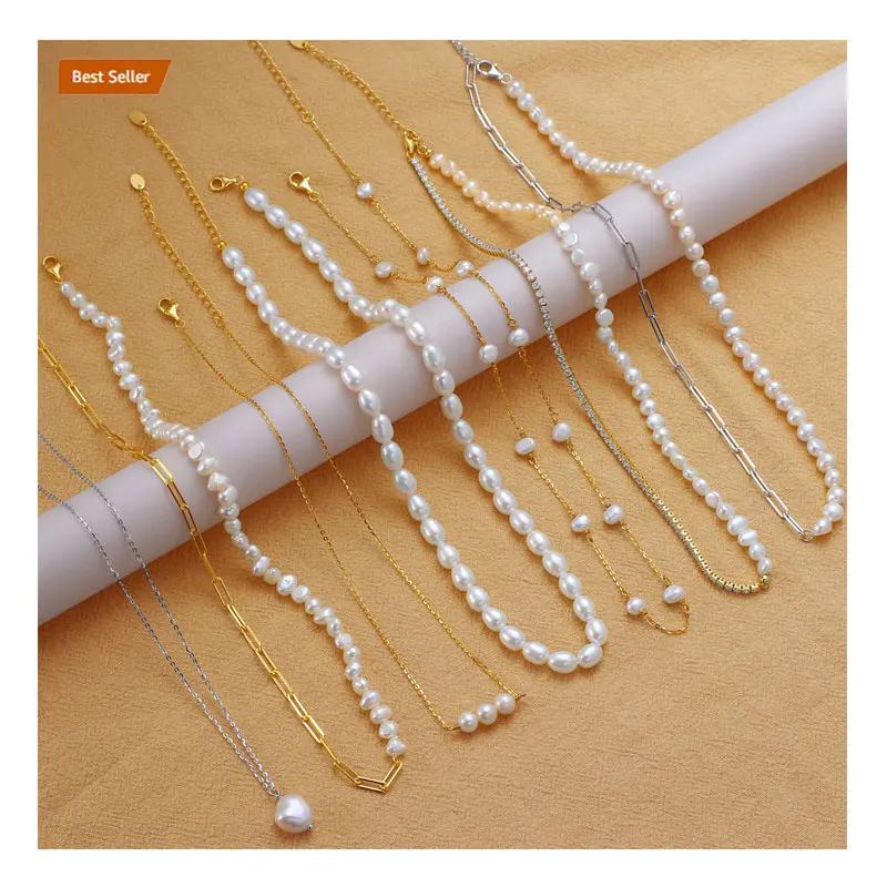 BGPN RINNTIN 14K Gold Plated Chain Choker Pearl Necklace 925 Sterling Silver Baroque Natural Freshwater Pearl Necklace Jewelry
