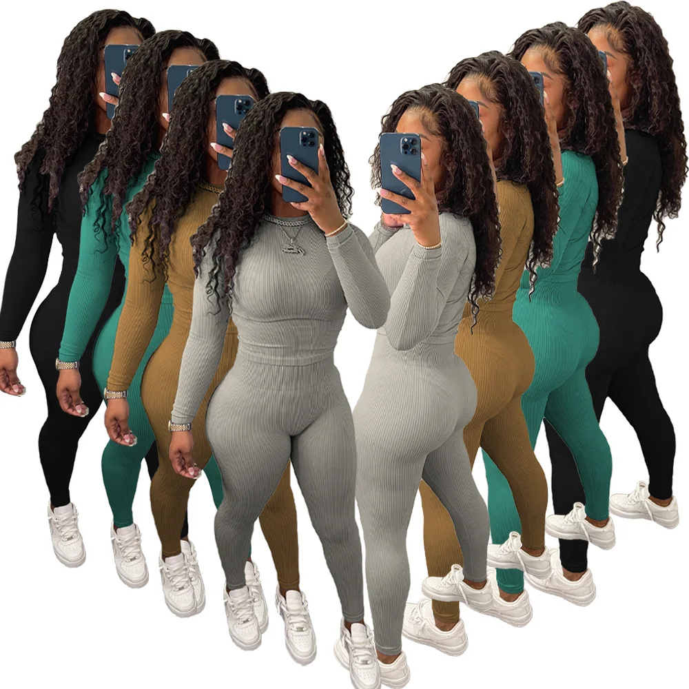 

High Quality Ladies Two Piece Outfit Long Sleeve Solid Color Womens Skinny Sets, Picture color