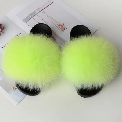 

Factory direct women's fashion toe indoor & outdoor slides slip on flat sandals cute soft fox fur slippers, Customized color