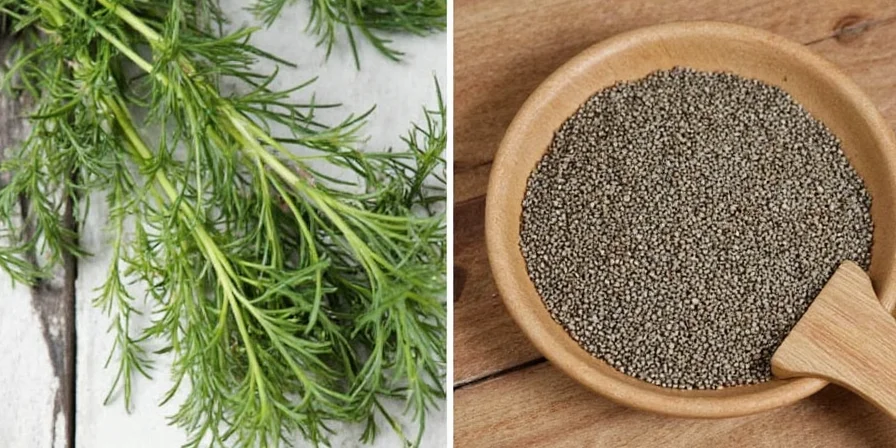 Vintage jar of dill seeds with rustic background.