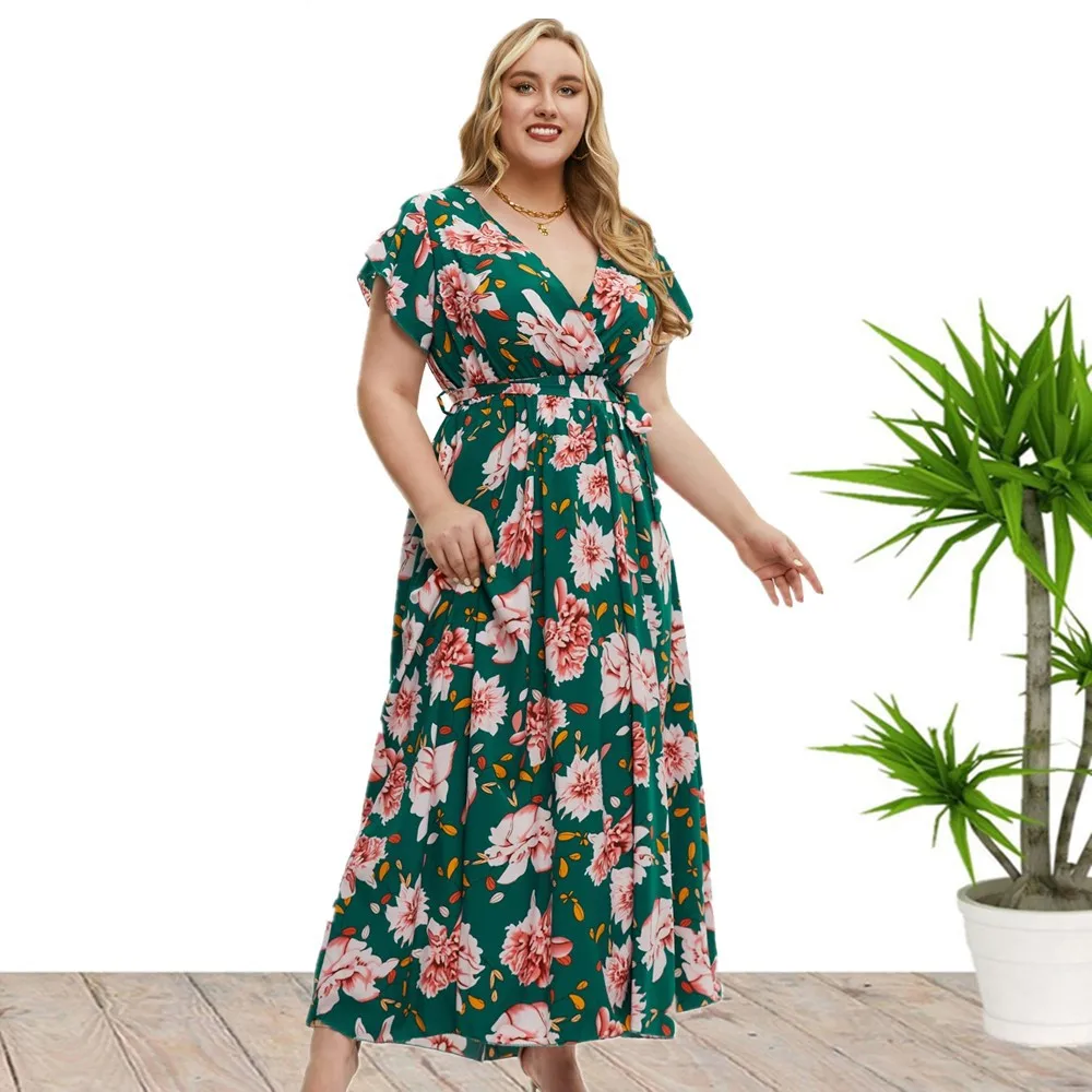 

Hot selling summer women sexy clothing v-neck slit casual dress Loose plus size women's dresses floral