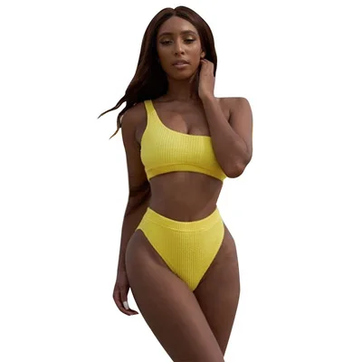 

2019 High Waisted Bikini Ribbed One Shoulder Bikini, Photo