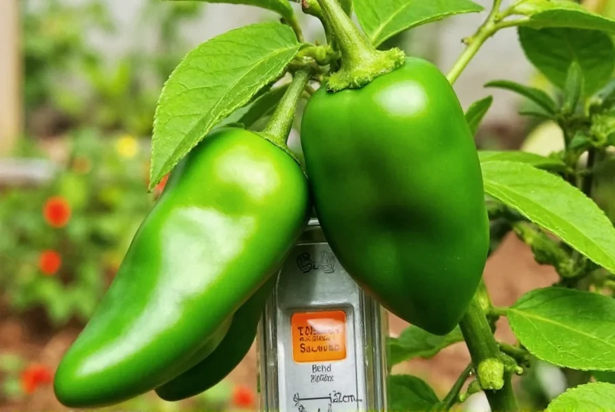Tabasco peppers growing on plant with scale showing Scoville units