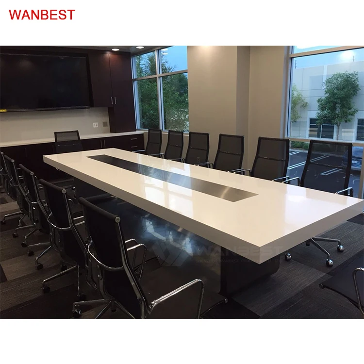 Customized Marble Stone Office Conference Meeting Table Top Rectangle Shape Motorized Lcd