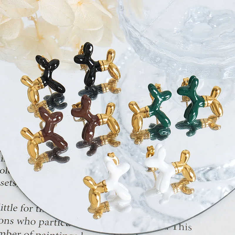 

Lovely Animal 3D Balloon Dog Stainless Steel Earring 18K Gold Non Tarnish Drip Oil Enamel Balloon Dog Stud Earrings For Women