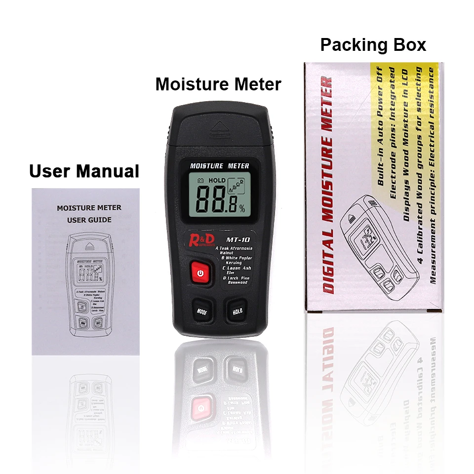 
R&D MT-10 EMT01 Wood Moisture Meter Wood Humidity Tester Hygrometer Timber Damp Detector Tree Density tester ABCD groups Black 